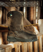Mens CSA Flatland Pull-On Waterproof Work Boot INT MET Carbon Toe Dark BrownBlack